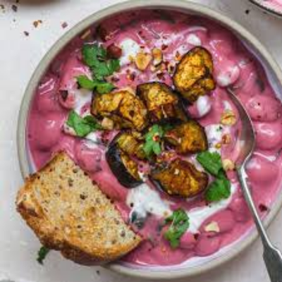 Ingredients for Creamy Roasted White Eggplant & Beet Labneh Bowl (Serves 3-4) White Eggplant 500g + Garlic 200g + Lemon 250g + Arugula 1 bundle + Naturaland Beetroot Labneh 180g