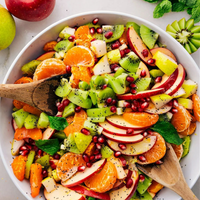 Ingredients for Tropical Fruit Salad Bowl (Serves 4-5) Mango Africa 1kg + Kiwi 250g + Red Apple 500g + Orange Navel 1kg + Lime 1 bag + Mint 1 bundle